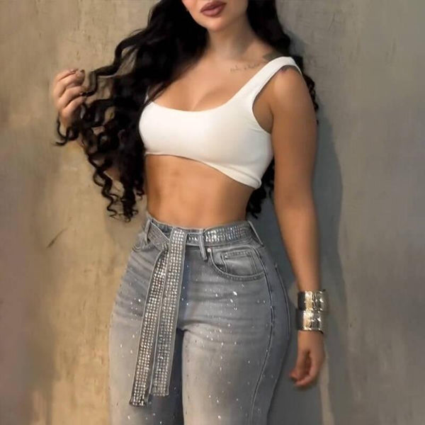 Live Only Chicme Women'S Allover Rhinestone Decor High Waist Zipper Fly Jeans Casual Wide Leg Loose Fit Denim Pants with Rhinestone Decor Belt