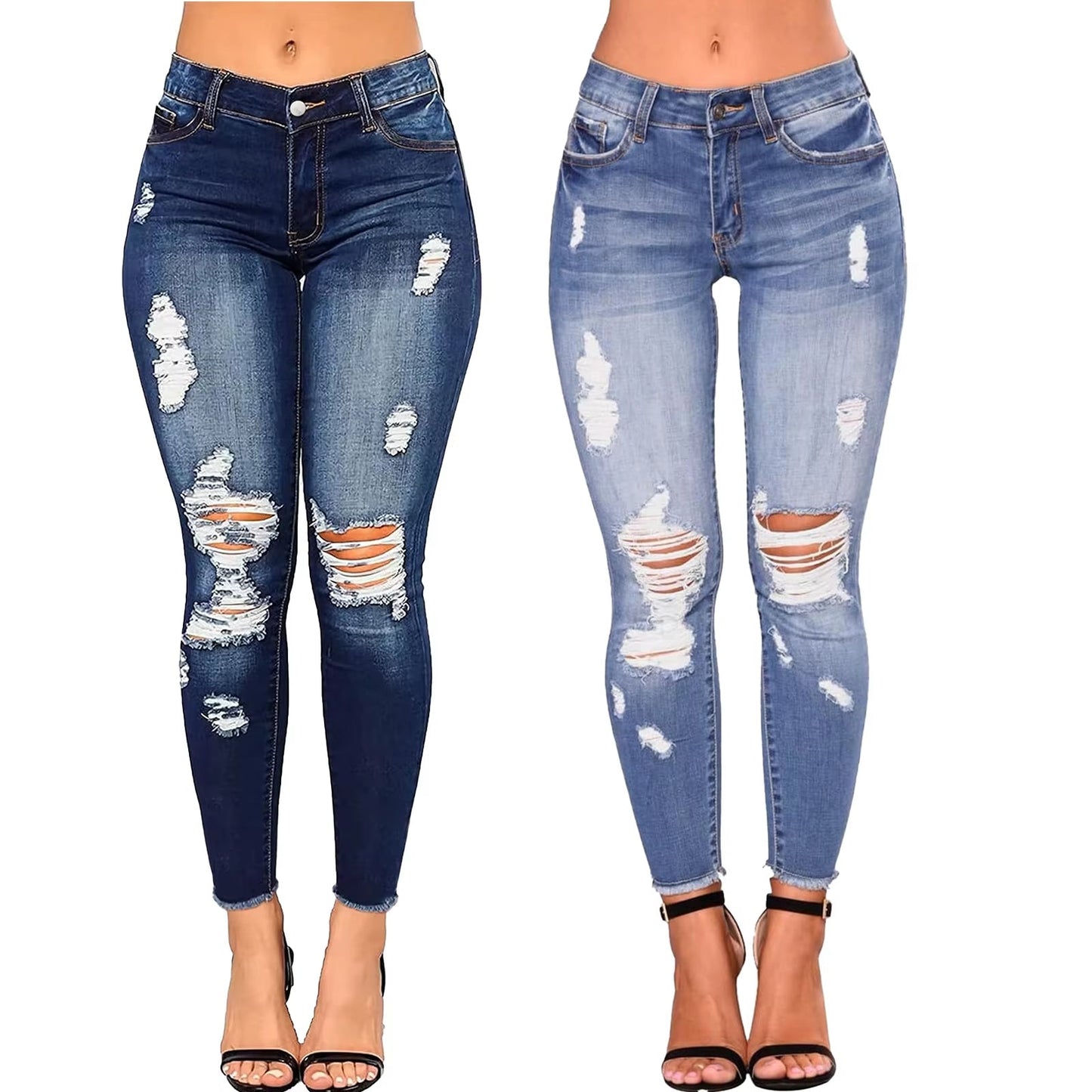 Two pairs of distressed blue jeans on a white background
