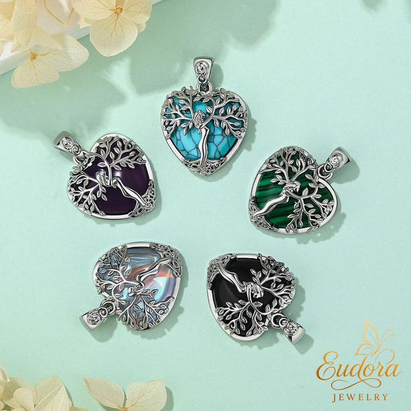 EUDORA Natural Crystal Goddess Heart Necklace, Tree of Life Tear Drop Pendant Healing Jewelry with Amethyst Turquoise, Spiritual Protection Gift for Her